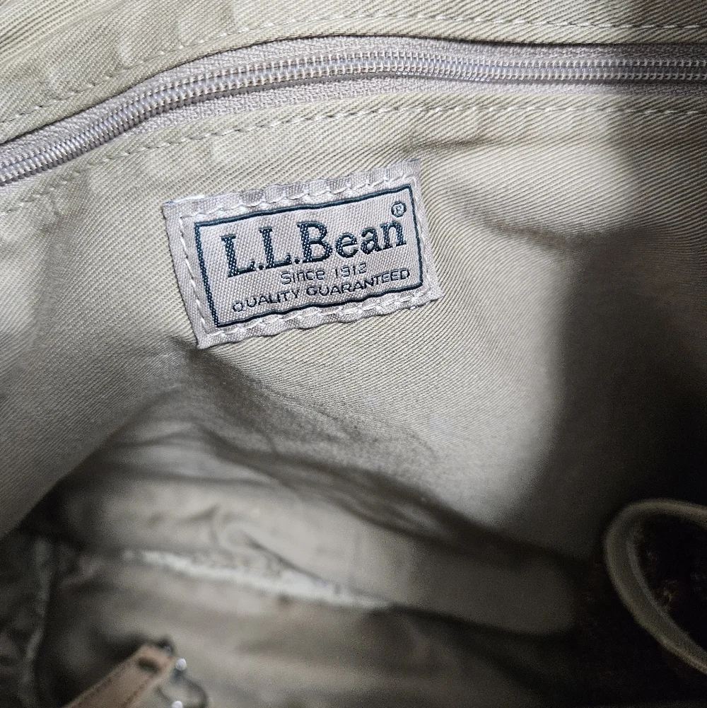 L.L. Bean Vintage Tan Beige Leather  Canvas Travel Tote Bag Classic Preppy Purse - Picture 10 of 13